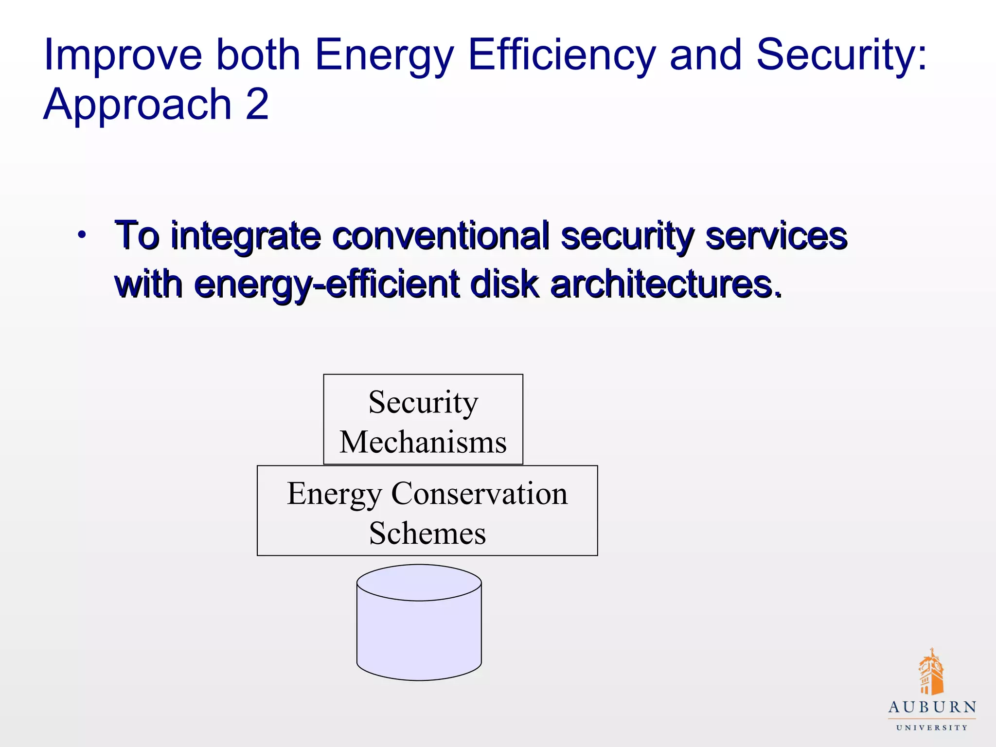 Improve both Energy Efficiency and Security: Approach 2 To integrate conventional security services with energy-efficient disk architectures.   Security Mechanisms Energy Conservation Schemes 