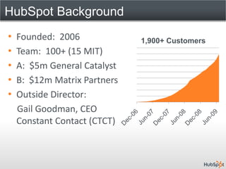 HubSpot Background
•   Founded: 2006             1,900+ Customers
•   Team: 100+ (15 MIT)
•   A: $5m General Catalyst
•   B: $12m Matrix Partners
•   Outside Director:
    Gail Goodman, CEO
    Constant Contact (CTCT)
 