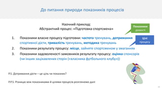13
До питання природи показників процесів
Наочний приклад:
Абстрактний процес: «Підготовка спортсмена»
1. Показники власне процесу підготовки: частота тренувань, дотримання
спортивної дієти, тривалість тренувань, методика тренувань
2. Показники результату процесу: місце, зайняте спортсменом у змаганнях
3. Показники задоволеності замовників результату процесу: оцінка спонсорів
(чи інших зацікавлених сторін («власника футбольного клубу»))
Показники
дієвості
Цілі
процесу
P.Р.S. Різницю між показниками й цілями процесів розглянемо далі
P.S. Дотримання дієти – це ціль чи показник?
 