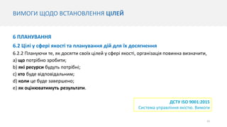 23
6 ПЛАНУВАННЯ
6.2 Цілі у сфері якості та планування дій для їх досягнення
6.2.2 Плануючи те, як досягти своїх цілей у сфері якості, організація повинна визначити,
a) що потрібно зробити;
b) які ресурси будуть потрібні;
c) хто буде відповідальним;
d) коли це буде завершено;
e) як оцінюватимуть результати.
ВИМОГИ ЩОДО ВСТАНОВЛЕННЯ ЦІЛЕЙ
ДСТУ ISO 9001:2015
Система управління якістю. Вимоги
 
