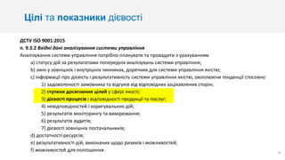 ДСТУ ISO 9001:2015
п. 9.3.2 Вхідні дані аналізування системи управління
Аналізування системи управління потрібно планувати та провадити з урахуванням
a) статусу дій за результатами попередніх аналізувань системи управління;
b) змін у зовнішніх і внутрішніх чинниках, доречних для системи управління якістю;
c) інформації про дієвість і результативність системи управління якістю, охоплюючи тенденції стосовно
1) задоволеності замовника та відгуків від відповідних зацікавлених сторін;
2) ступеня досягнення цілей у сфері якості;
3) дієвості процесів і відповідності продукції та послуг;
4) невідповідностей і коригувальних дій;
5) результатів моніторингу та вимірювання;
6) результатів аудитів;
7) дієвості зовнішніх постачальників;
d) достатності ресурсів;
e) результативності дій, виконаних щодо ризиків і можливостей;
f) можливостей для поліпшення. 26
Цілі та показники дієвості
 