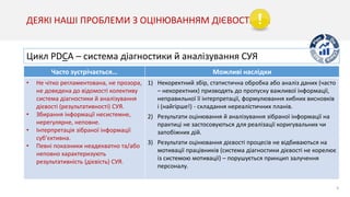 4
ДЕЯКІ НАШІ ПРОБЛЕМИ З ОЦІНЮВАННЯМ ДІЄВОСТІ СУЯ
Цикл PDCA – система діагностики й аналізування СУЯ
Часто зустрічається… Можливі наслідки
• Не чітко регламентована, не прозора,
не доведена до відомості колективу
система діагностики й аналізування
дієвості (результативності) СУЯ.
• Збирання інформації несистемне,
нерегулярне, неповне.
• Інтерпретація зібраної інформації
суб’єктивна.
• Певні показники неадекватно та/або
неповно характеризують
результативність (дієвість) СУЯ.
1) Некоректний збір, статистична обробка або аналіз даних (часто
– некоректних) призводять до пропуску важливої інформації,
неправильної її інтерпретації, формулювання хибних висновків
і (найгірше!) - складання нереалістичних планів.
2) Результати оцінювання й аналізування зібраної інформації на
практиці не застосовуються для реалізації коригувальних чи
запобіжних дій.
3) Результати оцінювання дієвості процесів не відбиваються на
мотивації працівників (система діагностики дієвості не корелює
із системою мотивації) – порушується принцип залучення
персоналу.
 