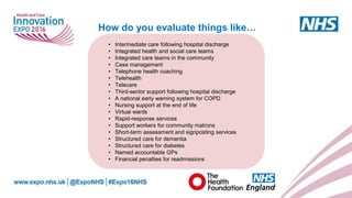 www.england.nhs.uk
How do you evaluate things like…
• Intermediate care following hospital discharge
• Integrated health and social care teams
• Integrated care teams in the community
• Case management
• Telephone health coaching
• Telehealth
• Telecare
• Third-sector support following hospital discharge
• A national early warning system for COPD
• Nursing support at the end of life
• Virtual wards
• Rapid-response services
• Support workers for community matrons
• Short-term assessment and signposting services
• Structured care for dementia
• Structured care for diabetes
• Named accountable GPs
• Financial penalties for readmissions
 