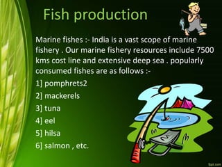 Fish production
Marine fishes :- India is a vast scope of marine
fishery . Our marine fishery resources include 7500
kms cost line and extensive deep sea . popularly
consumed fishes are as follows :-
1] pomphrets2
2] mackerels
3] tuna
4] eel
5] hilsa
6] salmon , etc.
 