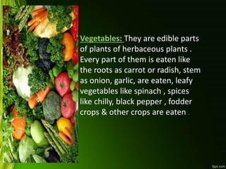 Vegetables: They are edible parts
of plants of herbaceous plants .
Every part of them is eaten like
the roots as carrot or radish, stem
as onion, garlic, are eaten, leafy
vegetables like spinach , spices
like chilly, black pepper , fodder
crops & other crops are eaten .
 