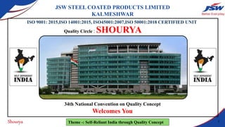 Shourya
JSW STEEL COATED PRODUCTS LIMITED
KALMESHWAR
ISO 9001: 2015,ISO 14001:2015, ISO45001:2007,ISO 50001:2018 CERTIFIED UNIT
Quality Circle : SHOURYA
34th National Convention on Quality Concept
Welcomes You
Theme -: Self-Reliant India through Quality Concept 1
 