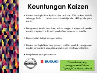 Keuntungan Kaizen 
 Kaizen meningkatkan kualitas dan attitude SDM bukan jumlah, 
sehingga lebih ‘ tahan lama knowledge dan skillnya daripada 
mesin. 
 Mengurangi waste inventory, waktu tunggu, transportasi, worker 
motion, employee skills, over production, dan excess quality. 
 Biaya rendah, tetapi perlu perhatian. 
 Kaizen meningkatkan penggunaan, kualitas produk, penggunaan 
modal, komunikasi, kapasitas produksi and employee retention. 
 Pengalaman anak perusahaan. 
 