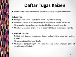 Daftar Tugas Kaizen 
 Membuat karyawan kaizen-consciuous melalui program pelatihan intensif 
3. Supervisor: 
 Menggunakan kaizen sbg alat dlm bekerja & problem solving 
 Memformulasikan sistem kerja dengan menggunakan pendekatan kaizen 
 Meningkatkan komunikasi, memberikan bimbingan kepada pekerja 
 Mendukung kegiatan kelompok kecil (seperti QCC) dan sistem saran individu 
4. Pekerja (operator): 
 Terlibat aktif dalam menggunakan kaizen melalui sistem saran dan aktivitas 
grup kecil 
 Mempraktekkan sikap kerja disiplin 
 Melakukan pengembangan diri terus-menerus untuk menjadi pemecah 
masalah yang lebih baik 
 
