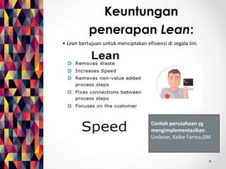 Keuntungan 
penerapan Lean: 
• Lean bertujuan untuk menciptakan efisiensi di segala lini. 
Contoh perusahaan yg 
mengimplementasikan: 
Unilever, Kalbe Farma,GM 
 