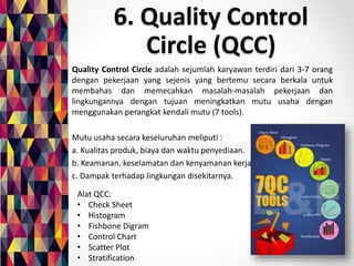 6. Quality Control 
Circle (QCC) 
Quality Control Circle adalah sejumlah karyawan terdiri dari 3-7 orang 
dengan pekerjaan yang sejenis yang bertemu secara berkala untuk 
membahas dan memecahkan masalah-masalah pekerjaan dan 
lingkungannya dengan tujuan meningkatkan mutu usaha dengan 
menggunakan perangkat kendali mutu (7 tools). 
Mutu usaha secara keseluruhan meliputi : 
a. Kualitas produk, biaya dan waktu penyediaan. 
b. Keamanan, keselamatan dan kenyamanan kerja. 
c. Dampak terhadap lingkungan disekitarnya. 
Alat QCC: 
• Check Sheet 
• Histogram 
• Fishbone Digram 
• Control Chart 
• Scatter Plot 
• Stratification 
 