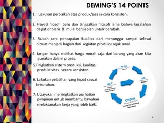 DEMING’S 14 POINTS 
1. Lakukan perbaikan atas produk/jasa secara konsisten. 
2. Hayati filosofi baru dan tinggalkan filosofi lama bahwa kesalahan 
dapat ditolerir & mulai bersiaplah untuk berubah. 
3. Rubah cara pencapaian kualitas dari menunggu sampai selesai 
dibuat menjadi bagian dari kegiatan produksi sejak awal. 
4. Jangan hanya melihat harga murah saja dari barang yang akan kita 
gunakan dalam proses. 
5.Tingkatkan sistem produksi, kualitas, 
produktivitas secara konsisten. 
6. Lakukan pelatihan yang tepat sesuai 
kebutuhan. 
7. Upayakan meningkatkan perhatian 
pimpinan untuk membantu bawahan 
melaksanakan kerja yang lebih baik. 
 