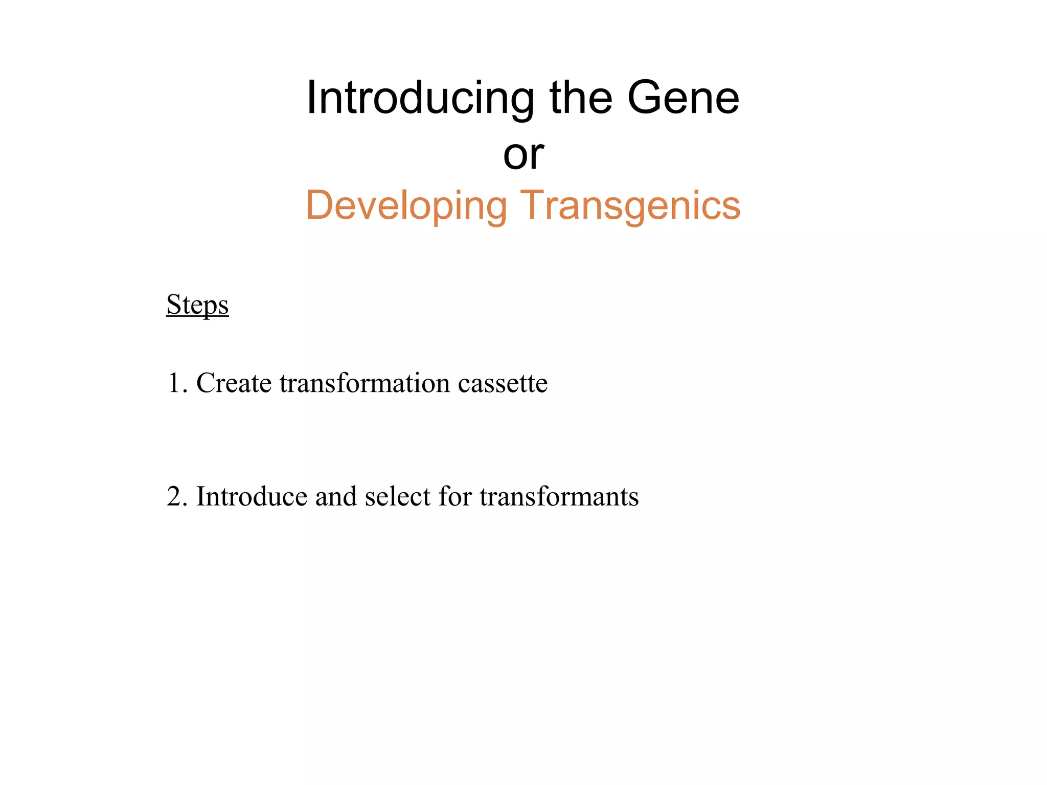 Introducing the Gene 
or 
Developing Transgenics 
Steps 
1. Create transformation cassette 
2. Introduce and select for transformants 
 