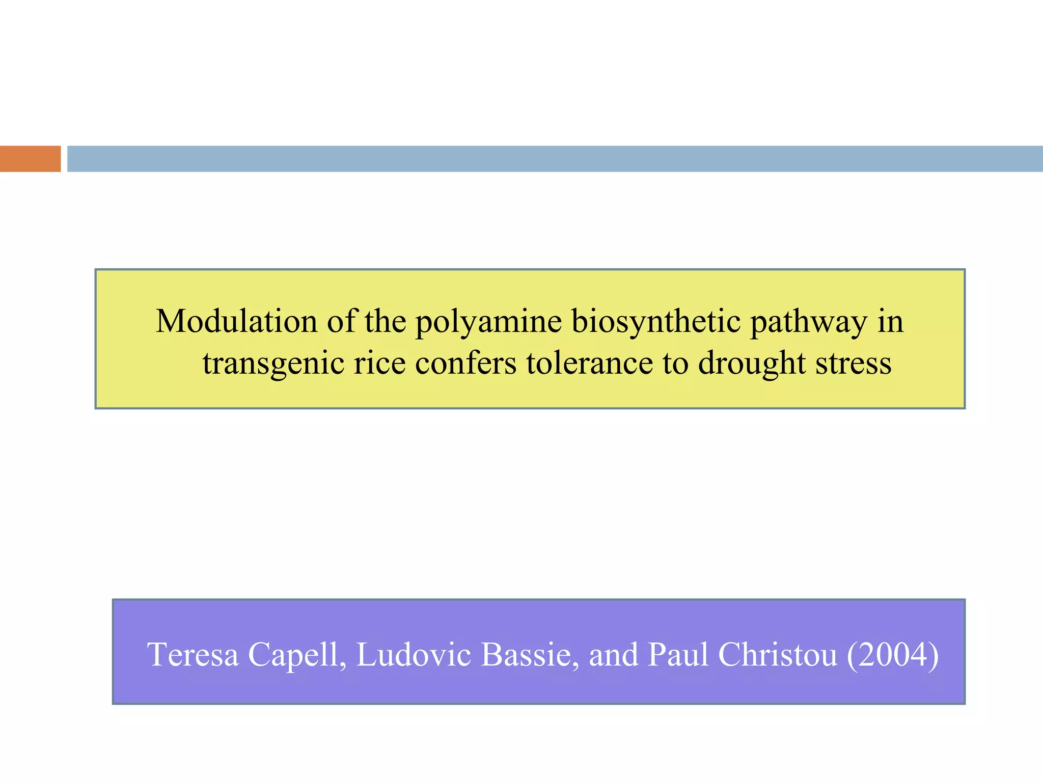 Modulation of the polyamine biosynthetic pathway in 
transgenic rice confers tolerance to drought stress 
Teresa Capell, Ludovic Bassie, and Paul Christou (2004) 
 
