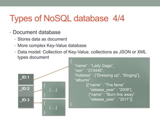 Types of NoSQL database  4/4Document databaseStores data as documentMore complex Key-Value databaseData model: Collection of Key-Value, collections as JSON or XML types document{   “name” : “Lady Gaga”,   “ssn” : “213445”,   “hobbies” : [“Dressing up”, “Singing”],   “albums” : [{“name” : “The fame”   “release_year” : “2008”},   {“name” : “Born this away”   “release_year” : “2011”}]}{     {….}}{     {….}}