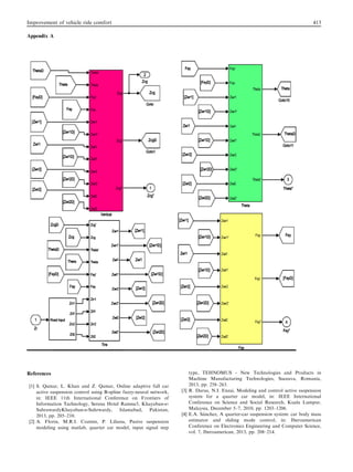 Appendix A
References
[1] S. Qamar, L. Khan and Z. Qamar, Online adaptive full car
active suspension control using B-spline fuzzy-neural network,
in: IEEE 11th International Conference on Frontiers of
Information Technology, Serena Hotel Ramna5, Khayaban-e-
SuhrawardyKhayaban-e-Suhrwardy, Islamabad, Pakistan,
2013, pp. 205–210.
[2] A. Florin, M.R.I. Cozmin, P. Liliana, Pasive suspension
modeling using matlab, quarter car model, input signal step
type, TEHNOMUS - New Technologies and Products in
Machine Manufacturing Technologies, Suceava, Romania,
2013, pp. 258–263.
[3] R. Darus, N.I. Enzai, Modeling and control active suspension
system for a quarter car model, in: IEEE International
Conference on Science and Social Research, Kuala Lumpur,
Malaysia, December 5–7, 2010, pp. 1203–1206.
[4] E.A. Sa´ nchez, A quarter-car suspension system: car body mass
estimator and sliding mode control, in: Iberoamerican
Conference on Electronics Engineering and Computer Science,
vol. 7, Iberoamerican, 2013, pp. 208–214.
Improvement of vehicle ride comfort 413
 