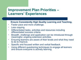 Improvement Plan Priorities –
Learners’ Experiences
Ensure Consistently High Quality Learning and Teaching.
• Faster pace and more challenge.
• Less copying.
• Differentiated tasks, activities and resources including
differentiated success criteria.
• Breadth, challenge and application can be introduced through
meaningful, ongoing extension activities.
• Ensuring learners are aware of their levels and what they need
to do to improve.
• Specific and focused written and verbal feedback.
• Using different questioning techniques to engage all learners
and ensure everyone is actively learning.
 
