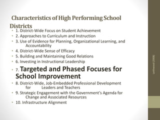 CharacteristicsofHigh PerformingSchool
Districts
• 1. District-Wide Focus on Student Achievement
• 2. Approaches to Curriculum and Instruction
• 3. Use of Evidence for Planning, Organizational Learning, and
Accountability
• 4. District-Wide Sense of Efficacy
• 5. Building and Maintaining Good Relations
• 6. Investing in Instructional Leadership
• 7. Targeted and Phased Focuses for
School Improvement
• 8. District-Wide, Job-Embedded Professional Development
for Leaders and Teachers
• 9. Strategic Engagement with the Government’s Agenda for
Change and Associated Resources
• 10. Infrastructure Alignment
Leithwood(2008)
 