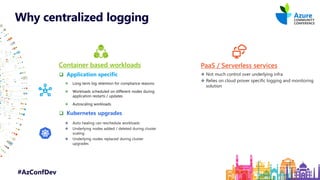 #AzConfDev
❑ Application specific
❖ Long term log retention for compliance reasons
❖ Workloads scheduled on different node...
