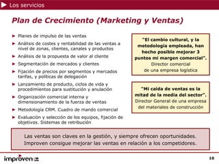 Los servicios

Plan de Crecimiento (Marketing y Ventas)
► Planes de impulso de las ventas
                                                          “El cambio cultural, y la
► Análisis de costes y rentabilidad de las ventas a
                                                        metodología empleada, han
  nivel de zonas, clientes, canales y productos
                                                         hecho posible mejorar 3
► Análisis de la propuesta de valor al cliente         puntos mi margen comercial”.
► Segmentación de mercados y clientes                         Director comercial
► Fijación de precios por segmentos y mercados             de una empresa logística
  tarifas, y políticas de delegación
► Lanzamiento de producto, ciclos de vida y
  procedimientos para sustitución y anulación             “Mi caída de ventas es la
► Organización comercial interna y                     mitad de la media del sector”.
  dimensionamiento de la fuerza de ventas              Director General de una empresa
                                                        del materiales de construcción
► Metodología CRM. Cuadro de mando comercial
► Evaluación y selección de los equipos, fijación de
  objetivos. Sistemas de retribución


     Las ventas son claves en la gestión, y siempre ofrecen oportunidades.
     Improven consigue mejorar las ventas en relación a los competidores.

                                                                                         10
 