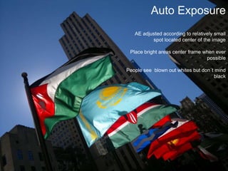Auto ExposureAE adjusted according to relatively small spot located center of the image Place bright areas center frame when ever possiblePeople see  blown out whites but don´t mind black