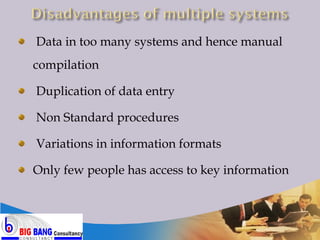 Data in too many systems and hence manual compilation Duplication of data entry Non Standard procedures  Variations in information formats  Only few people has access to key information 