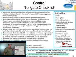 Improve 
Control 
Tollgate Checklist 
 Has the team prepared all the essential documentation for the improved process, 
including revised/new Standard Operating Procedures (SOP’s), a training plan and a 
process control system? 
 Has the necessary training for process owners/operators been performed? 
 Have the right measures been selected, and documented as part of the Process 
Control System, to monitor performance of the process and the continued 
effectiveness of the solution? Has the metrics briefing plan/schedule been 
documented? Who owns the measures? Has the Process Owner’s job description 
been updated to reflect the new responsibilities? What happens if minimum 
performance is not achieved? 
 Has the solution been effectively implemented? Has the team compiled results data 
confirming that the solution has achieved the goals defined in the Project Charter? 
 Has the Benefits Realization Schedule been verified by the Financial Representative? 
 Has the process been transitioned to the Process Owner, to take over responsibility 
for managing continuing operations? Do they concur with the control plan? 
 Has a final Storyboard documenting the project work been developed? 
 Has the team forwarded other issues/opportunities, which were not able to be 
addressed, to senior management? 
 Have “lessons learned” been captured? 
 Have replication opportunities been identified and communicated? 
 Has the hard work and successful efforts of our team been celebrated? 
Deliverables: 
Tollgate Review 
 SOP’s 
 Training Plan 
 Process Control System 
 Benefits Realization Schedule, 
validated by Financial 
Representative 
 Validated Solution 
 Replication/ Standardization Plan 
 Lessons Learned 
 Transitioned Project 
 Project Risk Performance 
 Deliverables Uploaded to 
Central Storage Location or 
Deployment Management 
System 
Has the team implemented the solution, and a control plan to 
insure the process is robust to change? 
Control Phase Success Criteria Training Video by educatevirtually 
International Standards for Lean Six Sigma (ISLSS) 19 
 