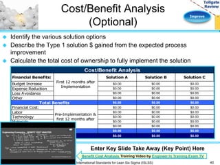 Improve 
Cost/Benefit Analysis 
(Optional) 
 Identify the various solution options 
 Describe the Type 1 solution $ gained from the expected process 
improvement 
 Calculate the total cost of ownership to fully implement the solution 
Financial Benefits: Solution A Solution B Solution C 
Budget Increase $0.00 $0.00 $0.00 
Expense Reduction $0.00 $0.00 $0.00 
Loss Avoidance $0.00 $0.00 $0.00 
Other $0.00 $0.00 $0.00 
$0.00 $0.00 $0.00 
Financial Cost: $0.00 $0.00 $0.00 
Labor $0.00 $0.00 $0.00 
Technology $0.00 $0.00 $0.00 
Materials $0.00 $0.00 $0.00 
Other $0.00 $0.00 $0.00 
$0.00 $0.00 $0.00 
$0.00 $0.00 $0.00 
Pre-Implementation & 
first 12 months after 
Total Cost 
Cost/Benefit 
Cost/Benefit Analysis 
First 12 months after 
Implementation 
Total Benefits 
Enter Key Slide Take Away (Key Point) Here 
Benefit Cost Analysis Training Video by Engineer In Training Exam TV 
International Standards for Lean Six Sigma (ISLSS) 40 
 