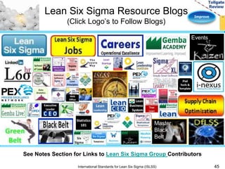 Improve 
Lean Six Sigma Resource Blogs 
(Click Logo’s to Follow Blogs) 
45 
See Notes Section for Links to Lean Six Sigma Group Contributors 
International Standards for Lean Six Sigma (ISLSS) 
 