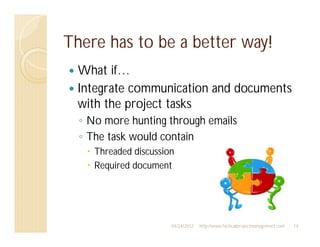 There has to be a better way!
  What if…
  Integrate communication and documents
  with the project tasks
   No more hunting through emails
   The task would contain
    Threaded discussion
    Required document




                      04/24/2012   http://www.tacticalprojectmanagement.com   14
 