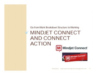 Go from Work Breakdown Structure to Working

MINDJET CONNECT
AND CONNECT
ACTION



                   04/24/2012   http://www.tacticalprojectmanagement.com   17
 