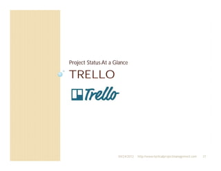 Project Status At a Glance

TRELLO




                     04/24/2012   http://www.tacticalprojectmanagement.com   31
 