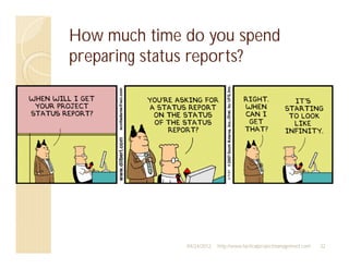 How much time do you spend
preparing status reports?




              04/24/2012   http://www.tacticalprojectmanagement.com   32
 