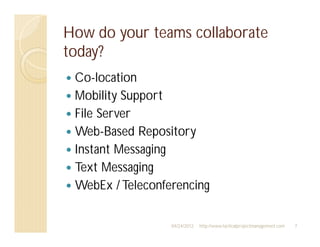 How do your teams collaborate
today?
 Co-location
 Mobility Support
 File Server
 Web-Based Repository
 Instant Messaging
 Text Messaging
 WebEx / Teleconferencing

                  04/24/2012   http://www.tacticalprojectmanagement.com   7
 