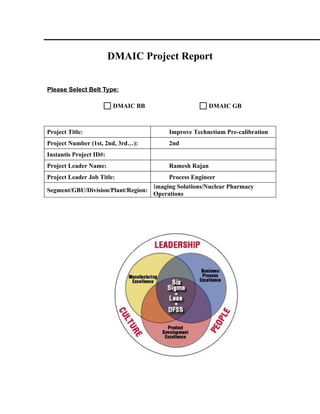 DMAIC Project Report


Please Select Belt Type:

                          DMAIC BB                       DMAIC GB



Project Title:                            Improve Technetium Pre-calibration
Project Number (1st, 2nd, 3rd…):          2nd
Instantis Project ID#:                    
Project Leader Name:                      Ramesh Rajan
Project Leader Job Title:               Process Engineer
                                   Imaging Solutions/Nuclear Pharmacy
Segment/GBU/Division/Plant/Region:
                                   Operations
 