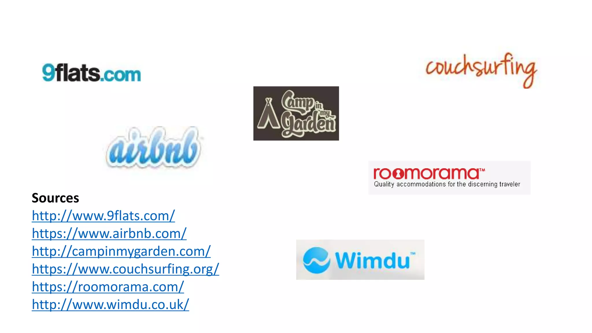 Sources
http://www.9flats.com/
https://www.airbnb.com/
http://campinmygarden.com/
https://www.couchsurfing.org/
https://roomorama.com/
http://www.wimdu.co.uk/
 