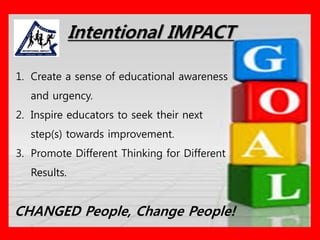 1. Create a sense of educational awareness
and urgency.
2. Inspire educators to seek their next
step(s) towards improvement.
3. Promote Different Thinking for Different
Results.
CHANGED People, Change People!
Intentional IMPACT
 
