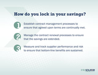 How do you lock in your savings? 
1 
Establish contract management processes to 
ensure that agreed upon terms are continually met. 
2 
Manage the contract renewal processes to ensure 
that the savings are extended. 
3 
Measure and track supplier performance and risk 
to ensure that bottom-line benefits are sustained. 
 
