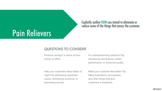 @mgrejda
Pain Relievers
QUESTIONS TO CONSIDER
Make your customer feel better? By
killing frustrations, annoyances,
and other things that give
customers a headache.
Help your customers sleep better at
night? By addressing significant
issues, diminishing concerns, or
eliminating worries.
Produce savings? In terms of time,
money or effort.
Fix underperforming solutions? By
introducing new features, better
performance, or enhanced quality.
 