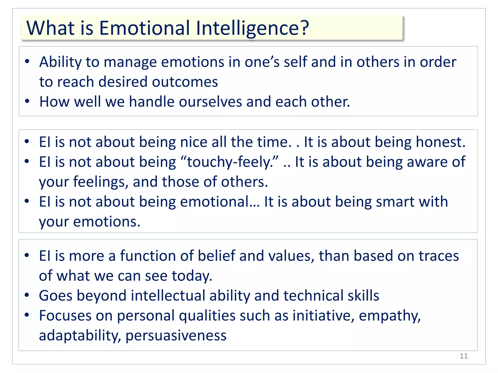 What is Emotional Intelligence?
11
• Ability to manage emotions in one’s self and in others in order
to reach desired outcomes
• How well we handle ourselves and each other.
• EI is not about being nice all the time. . It is about being honest.
• EI is not about being “touchy-feely.” .. It is about being aware of
your feelings, and those of others.
• EI is not about being emotional… It is about being smart with
your emotions.
• EI is more a function of belief and values, than based on traces
of what we can see today.
• Goes beyond intellectual ability and technical skills
• Focuses on personal qualities such as initiative, empathy,
adaptability, persuasiveness
 