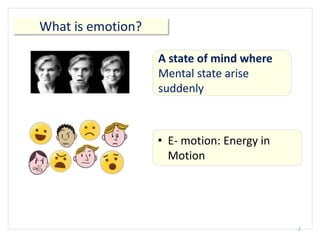 What is emotion?
2
A state of mind where
Mental state arise
suddenly
• E- motion: Energy in
Motion
 