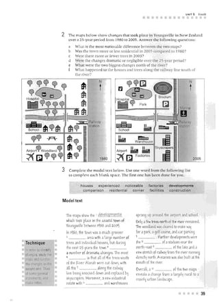 UN IT   5   YOIl/ll




                                 2     The map s below sh ow ch.anges th.at Look plac in Youngsvill in ew Zealand
                                       over a 25-year p eriod from 1980 to 2005. Answ er th e fa ll wi ng question
                                       a    Wbat is th e m ost n oticeable differen ce between th e two maps?
                                       b    Was the town more or less residential in 2005 compared to 1980?
                                            Were there more or fewer trees in 2005?
                                       d    ,'ere the changes dramatic or negligible over tl le 25 -year period?
                                       e    Wh a t w ere the two bigges t changes north of the; river?
                                       (    What happened to the houses and trees along the railway line south of
                                            the river?

                                                                                       99 ~
                                                                N                                                                        N
 9 9 99 9                                                       t                                                                         t
H~i~
 •
  9 .
                 999
                                                                               H~P;~
                                                                               •                 Park
                                                                                                                Stadi um

                                                                                                                   ~              Manna

                 9               ~
  School
               .9.
           River Alanah


               tt1        tI'1
                                      . 9
                                      tI'1
                                           "'''''''1   Railway
                                                       station
                                                                                School              ~           a=m
------------~---=-
~~-.;-~ t 9
   . : : :-                                                                    ~              I!mtm
                                                                                              Warehouse
                                                                                                                   111
             t 9
Airport9woodland9                                                              Airport
                                                                                             "-"-
                                                                                                             Skyscrapers


~ rJ 9 9 9 fi9                                                  1980           ~
                                                                                              Factories
                                                                                                                   111                        2005

                                 3     Complete the model text below. Use one ";lOrd frOIll lb' following list
                                       to comp lete each blank space. The first one has bL'l'll dDne [or y i;ll.

                                                 houses   experienced     noticeable                    factories        freVei-tt?fflents
                                                  comparison    residential    co rner                   facilities      COllstr"uction


                                 Model text


                                     1he maps Dnow the I .0.0.'~!9.p.m.~.n~.                  sprang up around the airport and 5(.hoo.
                                     ~h ic.h tool:: plaa. in the- c.oastal to" n of          01'111 a fevl k e.es nodn of tile. river remained,
                                     Y ounysville between IqgO and 2005                       1he ~oodand waD c.le.are< to maKe wa-,
                                     In IqSO, the. town -laD a muth grnner                   for a par~, a golf WUITl-, and L2r par~in9
                                     2. •••••••••••• ••• ••• are-a witn a large. number of    I ..... ,........ ... . Further dw' lopmenh were.

Technique                            treeD and individual houses, but during                  the 0 ..... ... ... ... .... of a stadium near the
                                     tne ne"1-i 25 ie.arD the town ~ ................. .       no!il1-easP ............ ...... of1heaKf. nd a
In order to identify
                                     a number of dramatic. c.hangeD.1he mODt                   newDtrekn of railwai from the river running
changes, study the
maps and number                      ~ ,..... ............ i" that all of the trees 50Uth     airutl'! nortl1. A marina ~ao also built at the
the changes on the                   of tne, Z-iver AI anah were Gut aO'Mn, with                OLrth of the river.
~ eciJrl d Ol le. Think              all the. ' ....... ,........ ,. along th~' railVlai      Overall , a 10 •••••••• , .. ... . ' of the two mapo
of some general                      line being I::noG::u down and replaced bi              reveals a change from a largel,! rural to a
statements, and                      sKiscrape.ri> More.ove.r, a new industrial               mainl urban landscape.
nlake notes.                         estate. w " .................. and ~ arenouses
                                                  ilD

                                                                                                                                           •         39
 