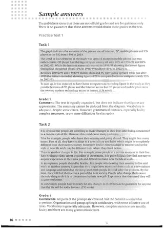 Sample answers
         The p ublishers stress that these are not official grades and are for guidance only.
         Th ere is no guara nte e that these an sw ers wou ld ob tain these grades in the te st.


         Practice Test 1

         Task 1
          The graph indicates the Valiali on of t h ~' private use of Interne!, Pc' mobile phones and CD
          player in the UK (rom J 996 to 2003.
          The l[cnd in four dements of the study was upward except in mobile phone that was
          rarher erratic. CD pla yer had the biggest figure among all wit h 60% at ) 996/97 and 80%
          ,1t 20 02/ 03. While the Internet access only started in 1998/9 9 showing the lowes! figur
          throughoUl rhe period (from 10% in 19 98f99 to above 4.0% in 2002/03).
          Be1ween 10996/97 and 1998/9 9 mobile p hon and PC were going upward "" hile j ust alter
          1999 th e forme r exceeded. showing figure oC 70% compared to home c01111 uters with 55%
          in 2002/03.
          To sum up. it was ex pected to h ave home computers as e xceeding {i.g u re in the ~tudy as the)'
          provide fe atures o r CD player and the Internet acces b ut CD player and mobile phon were
          the two top modem technology access in homes . (154 Illords)


         Grade: 5
         Commen t: The t ext is logically organized, bu t does not indicate that figures are
         approximate . The summary cannot be deduced from the diagram . Vocabulary i
         adequate. despite some errors. However, grarnrna!i al mistakes, especially faulty
         complex structures, caus e some difficulties for the reader.


         Task 2
          If is obvious rhat people are unwilling to ma ke changes in their lives afr er being acc u toOled
          to a cert ain st yle of life . However this could cause many problems.
          Take for exampl e. people who leave rheir counrry and going abroad. They might face many
          issue.. Firsr of alL they have to adapt to a new culture and h abit which might be completely
          different from theLr nativ e country. Moreover, it takes time to Cldapt LO 'weather and to the
          sl},'le of new IUe w Lch m ay be differe n t [rom where they lived before.
          There is anoth er changes in lite . For exam ple. some people al a certain momen t in their live
          have to change their career, regardless of the reaSons. It is quite difficult they find not easy to
          acquire ex.peIience in their new job and difficult to make new friends at w ork.
          In my opinion. people should be lIexible. For p eople who leaving their coun try to live and
          work in another country I agree that they might have m any problems such as a new culture
          and la nguag,,· und habits bur the i.llregration wi th people it cou ld solve the problem. By the
          time, they will find themselves a pan of rhe ne w society. People who change t heir career
          the on ly lhing to eli.> it is to concentrate in rheir ne-' job . Experience thar they n eed they will
          acquire Ivith time
          In conclusion, people ha e to ready for any ch anges in their lives as no guarantee for anyone
          that the LiI e will be stable lorever. (2'>0 "e',<I;")


         Grade: 6
         Comments: All parts of th e prompt are covered, bu t the content is somewhat
         repetitive. Organiza tion a n d p a ragraphing is sa tisfactory, wi th some e ffec tive use of
         links . Vocabu lary is generally adequate However, complex sentences are u sually
         faulty and there ar e many grammaticaJ errors.


86   •
 