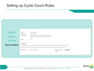 Copyright 2018 Eficent Business and IT Consulting Services S.L. - Brussels, October 3-5, 2018 - #OdooExperience - www.odoo.com
Setting up Cycle Count Rules
20
 