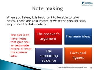 When you listen, it is important to be able to take
notes. These are your record of what the speaker said,
so you need to take note of:


  The aim is to     The speaker’s
                                             The main ideas
  have notes          argument
  that give you
  an accurate
  record of what
  the speaker            The
                                                   Facts and
  said.               supporting
                                                    figures
                       evidence
                                  CELE Guided Independent Learning Workshop   13
 