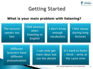 What is your main problem with listening?

               I feel anxious
The lecturer                    I don't know               I feel sleepy
                     when
speaks too                         enough                  during long
                 listening to
    fast                         vocabulary                   lectures
                    English


     Different
                       I can only get          It’s hard to listen
  lecturers have
                       main ideas but          / think / write at
     different
                       not the details           the same time
  pronunciation
                                     CELE Guided Independent Learning Workshop   3
 