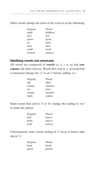 FOLLOWING GRAMMATICAL GUIDELINES / 3




Other words change the form of the word as in the following:

              Singular       Plural
              child          children
              foot           feet
              goose          geese
              ox             oxen
              man            men
              tooth          teeth
              woman          women


Identifying vowels and consonants
All words are composed of vowels (a, e, i, o, u) and con-
sonants (all other letters). Words that end in ‘y’ preceded by
a consonant change the ‘y’ to an ‘i’ before adding ‘es’:

              Singular       Plural
              ally           allies
              county         counties
              cry            cries
              enemy          enemies
              reply          replies


Some nouns that end in ‘f’ or ‘fe’ change the ending to ‘ves’
to make the plural:

              Singular       Plural
              half           halves
              knife          knives
              wolf           wolves


Unfortunately some words ending in ‘f’ keep it before add-
ing an ‘s’:

              Singular       Plural
              hoof           hoofs
              proof          proofs
 