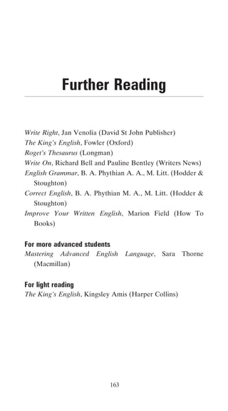 Further Reading

Write Right, Jan Venolia (David St John Publisher)
The King’s English, Fowler (Oxford)
Roget’s Thesaurus (Longman)
Write On, Richard Bell and Pauline Bentley (Writers News)
English Grammar, B. A. Phythian A. A., M. Litt. (Hodder &
   Stoughton)
Correct English, B. A. Phythian M. A., M. Litt. (Hodder &
   Stoughton)
Improve Your Written English, Marion Field (How To
   Books)


For more advanced students
Mastering   Advanced   English    Language, Sara     Thorne
   (Macmillan)


For light reading
The King’s English, Kingsley Amis (Harper Collins)




                            163
 