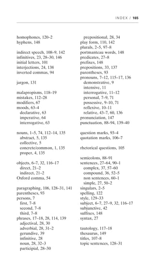 I N D E X / 165




homophones, 120–2                  prepositional, 28, 34
hyphens, 148                     play form, 110, 142
                                 plurals, 2–5, 97–8
indirect speech, 108–9, 142      portmanteau words, 148
infinitives, 23, 28–30, 146      predicates, 27–8
initial letters, 101             prefixes, 148
interjections, 24, 138           prepositions, 33, 137
inverted commas, 94              parentheses, 93
                                 pronouns, 7–12, 115–17, 136
jargon, 131                        demonstrative, 9
                                   intensive, 11
malapropisms, 118–19               interrogative, 11–12
mistakes, 112–28                   personal, 7–9, 71
modifiers, 67                      possessive, 9–10, 71
moods, 63–4                        reflexive, 10–11
 declarative, 63                   relative, 43–7, 60, 136
 imperative, 64                  pronunciation, 147
 interrogative, 63               punctuation, 88–94, 139–40

nouns, 1–5, 74, 112–14, 135      question marks, 93–4
 abstract, 5, 135                quotation marks, 106–7
 collective, 5
 concrete/common, 1, 135         rhetorical questions, 105
 proper, 4, 135
                                 semicolons, 88–91
objects, 6–7, 32, 116–17         sentences, 27–64, 90–1
 direct, 21–2                      complex, 37, 57–60
 indirect, 21–2                    compound, 36, 52–5
Oxford comma, 54                   non sentences, 60–1
                                   simple, 27, 50–2
paragraphing, 106, 128–31, 141   singulars, 2–5
parentheses, 93                  spelling, 122
persons, 7                       style, 129–33
 first, 7–8                      subject, 6–7, 27–9, 32, 116–17
 second, 7–8                     subjunctive, 42
 third, 7–8                      suffixes, 148
phrases, 17–18, 28, 114, 139     syntax, 27
 adjectival, 28, 30
 adverbial, 28, 31–2             tautology, 117–18
 gerundive, 39                   thesaurus, 149
 infinitive, 28                  titles, 107–8
 noun, 28, 32–3                  topic sentences, 128–31
 participial, 28–30
 