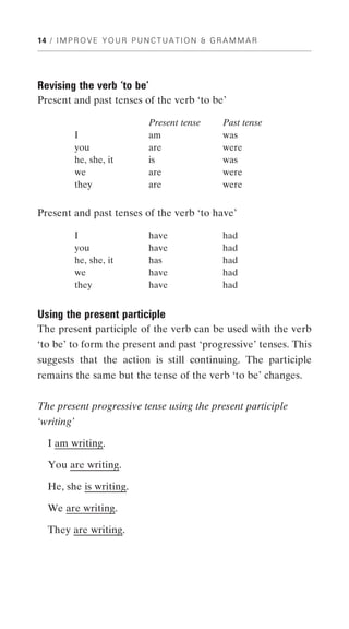 14 / I M P R O V E Y O U R P U N C T U A T I O N & G R A M M A R




Revising the verb ‘to be’
Present and past tenses of the verb ‘to be’

                                Present tense        Past tense
            I                   am                   was
            you                 are                  were
            he, she, it         is                   was
            we                  are                  were
            they                are                  were


Present and past tenses of the verb ‘to have’

            I                   have                 had
            you                 have                 had
            he, she, it         has                  had
            we                  have                 had
            they                have                 had


Using the present participle
The present participle of the verb can be used with the verb
‘to be’ to form the present and past ‘progressive’ tenses. This
suggests that the action is still continuing. The participle
remains the same but the tense of the verb ‘to be’ changes.


The present progressive tense using the present participle
‘writing’

   I am writing.

  You are writing.

   He, she is writing.

   We are writing.

   They are writing.
 