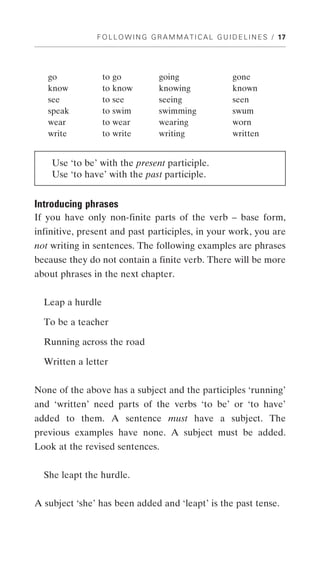 F O L L O W I N G G R A M M A T I C A L G U I D E L I N E S / 17




   go             to go             going                   gone
   know           to know           knowing                 known
   see            to see            seeing                  seen
   speak          to swim           swimming                swum
   wear           to wear           wearing                 worn
   write          to write          writing                 written


    Use ‘to be’ with the present participle.
    Use ‘to have’ with the past participle.


Introducing phrases
If you have only non-finite parts of the verb – base form,
infinitive, present and past participles, in your work, you are
not writing in sentences. The following examples are phrases
because they do not contain a finite verb. There will be more
about phrases in the next chapter.


  Leap a hurdle

  To be a teacher

  Running across the road

  Written a letter


None of the above has a subject and the participles ‘running’
and ‘written’ need parts of the verbs ‘to be’ or ‘to have’
added to them. A sentence must have a subject. The
previous examples have none. A subject must be added.
Look at the revised sentences.


  She leapt the hurdle.


A subject ‘she’ has been added and ‘leapt’ is the past tense.
 